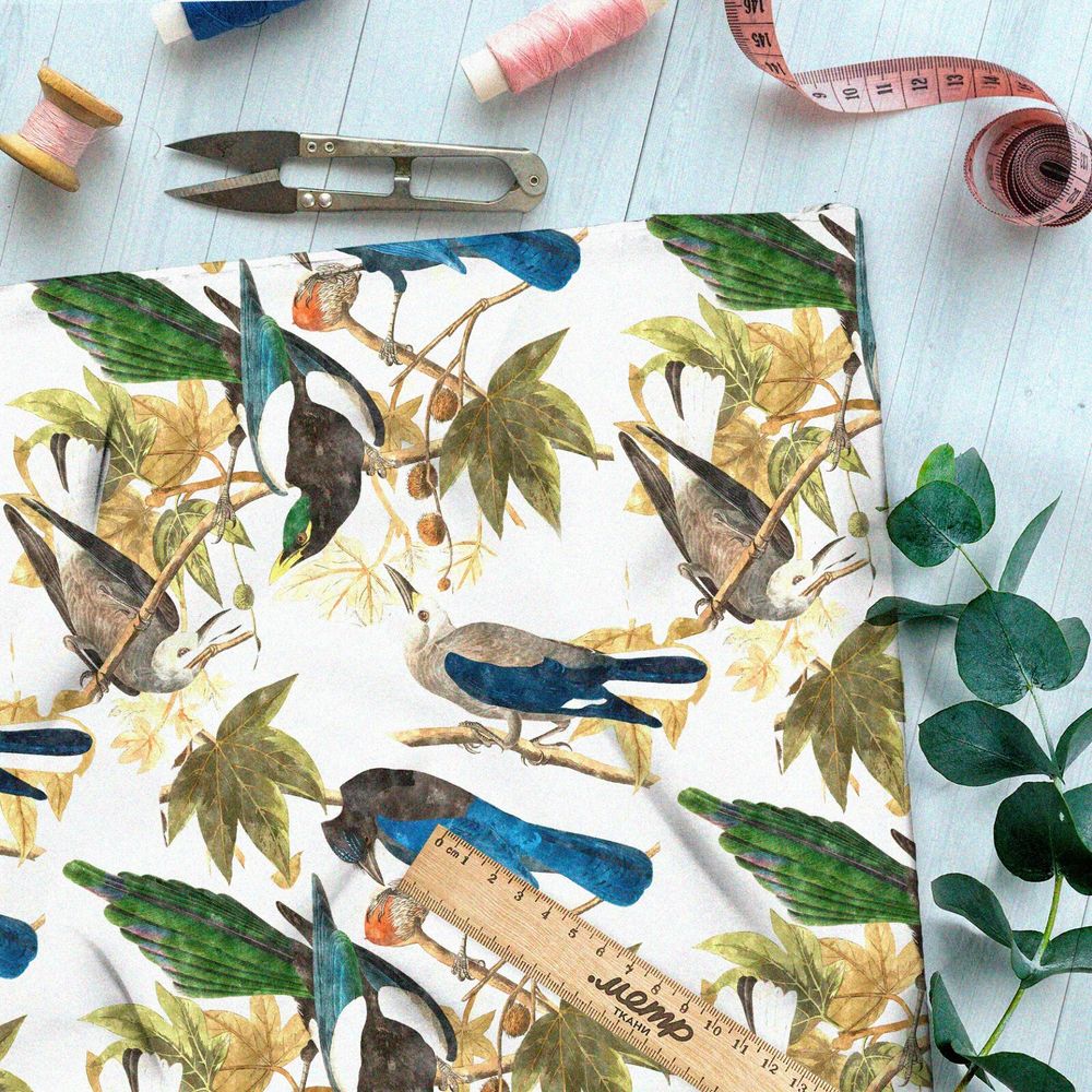 Ткань поплин ласточки на ветках