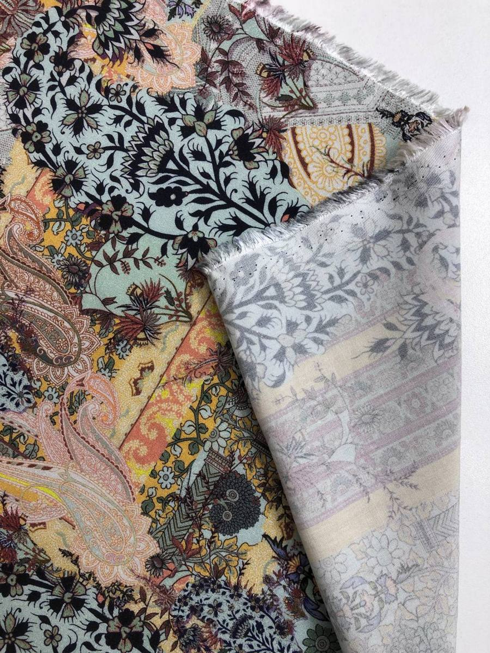 Плательная вискоза принт цветы, горчица/полынь/коричн