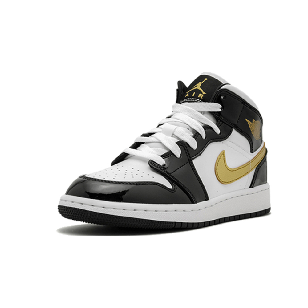 Кроссовки Air Jordan 1 Mid GS Patent Black White Gold
