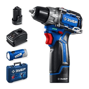 ЗУБР КОМПАКТ, набор: дрель-шуруповерт + LED фонарь, 12 В, 45 Н·м, 2 АКБ тип Т7 (2 А·ч), кейс, Профессионал (DB-121-22F)