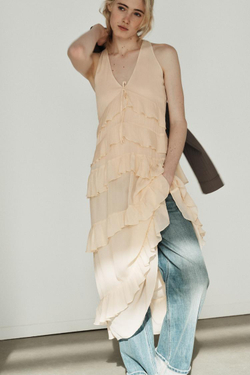 ZARA ПЛАТЬЕ МИДИ С ВОЛАНАМИ, КРЕМОВЫЙ