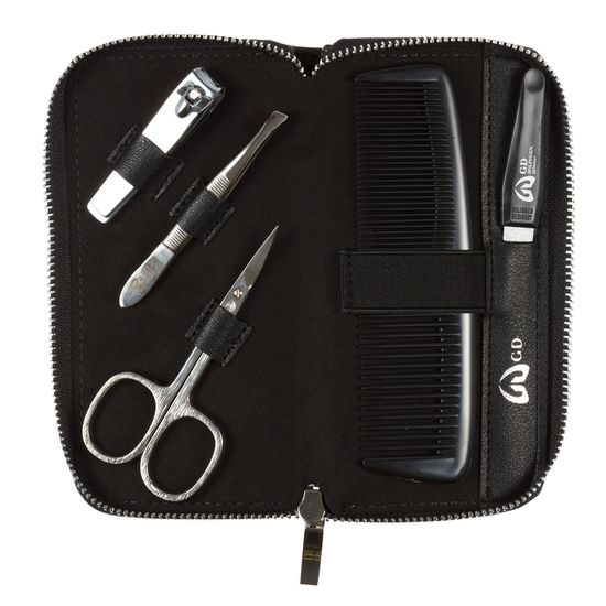 Маникюрный набор GD, 5 пр.(мужской дорожный набор). Инструменты: ножницы универсальные, книпсер, пилка металлическая 12,5 см, пинцет скошенный, расческа. Футляр: искусственная кожа, цвет черный, фактура - гладкая