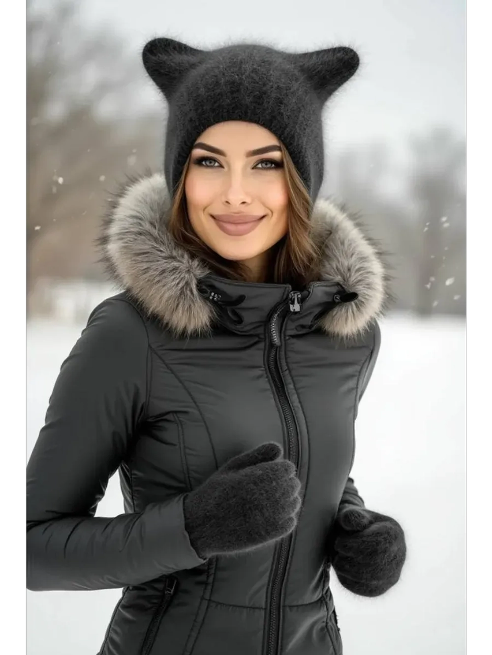 Шапка с ушками зимняя ангора вязаная