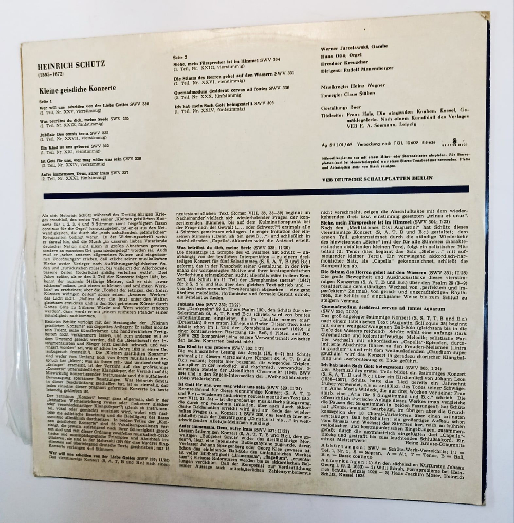 Винтажная виниловая пластинка Heinrich Schutz Dresdner Kreuzchor, Werner Jaroslawski, Hans Otto Dirigent Rudolf Mauersberger Kleine Geistliche Konzerte (GDR 1968)