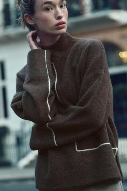ZARA СВИТЕР С КОНТРАСТНЫМ КАНТОМ, КОРИЧНЕВЫЙ С МЕЛАНЖЕВЫМ ЭФФЕКТОМ