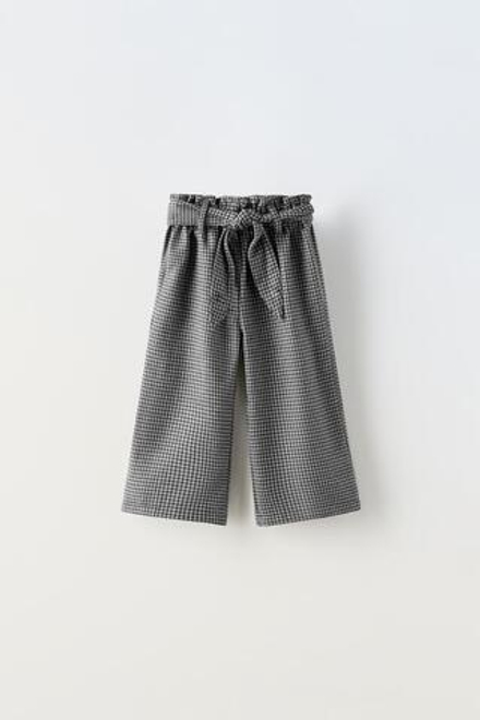 ZARA БРЮКИ В КЛЕТКУ С ШИРОКИМ ПОЯСОМ, СЕРЫЙ
