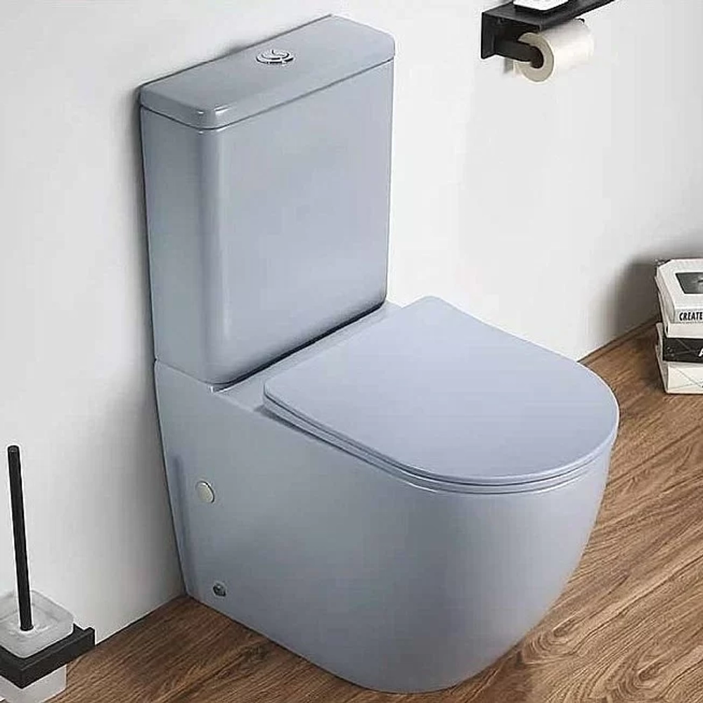 Унитаз напольный CeramaLux 2166XMHL голубой матовый, безободковый, с бачком, с крышкой микролифт
