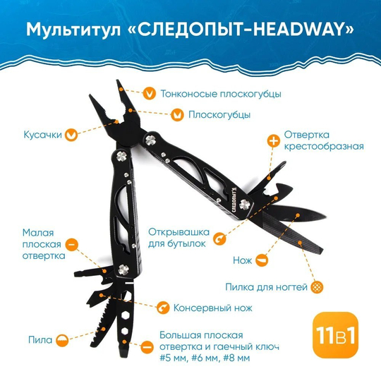 Мультитул (плоскогубцы) "СЛЕДОПЫТ-HEADWAY", 105х45х16 мм, 11 предметов, в чехле, на блистере