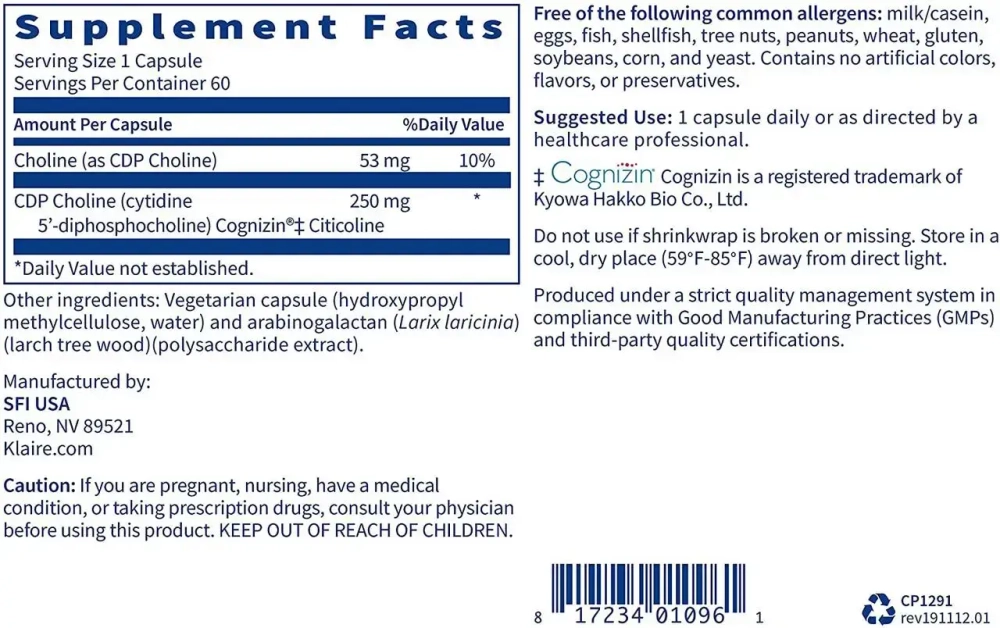 Klaire Labs - CDP Choline 60 capsules