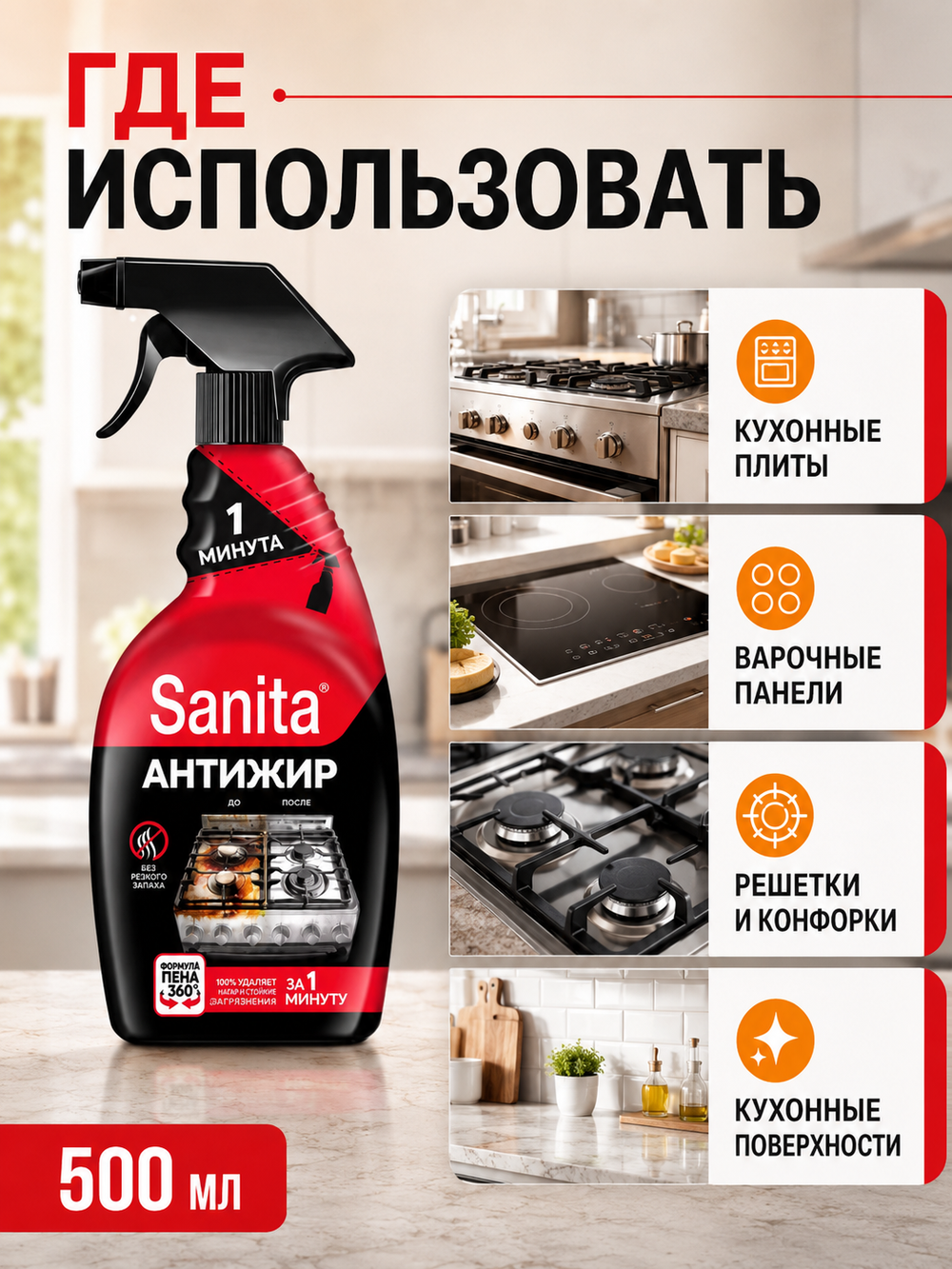 Чистящее средство для кухни Sanita 1 минута 500мл