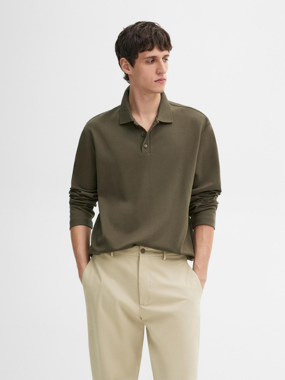 Massimo Dutti Свитер поло из хлопкового трикотажа, хаки