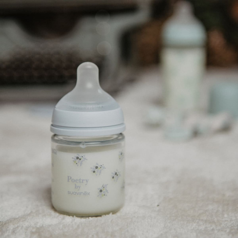 Стеклянная бутылочка для кормления Suavinex Poetry SX PRO 120 мл, медленный поток, 0+ мес, голубая