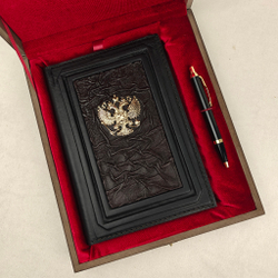 Набор "Ежедневник "Герб РФ" из натуральной кожи со съемной обложкой и ручкой "