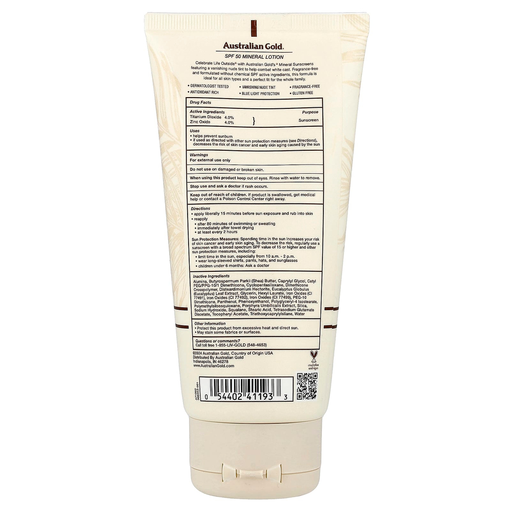 Australian Gold, Mineral Sunscreen Lotion, SPF 50, Vanishing Nude Tint, 5 fl oz (147 ml)