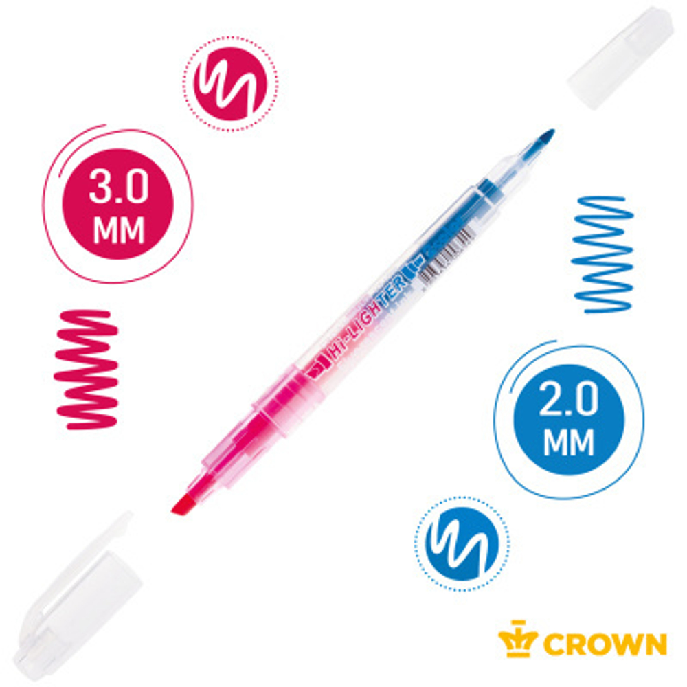 Текстовыделитель двухсторонний Crown "Multi Hi-Lighter Twin" розовый/голубой, 3/2мм И