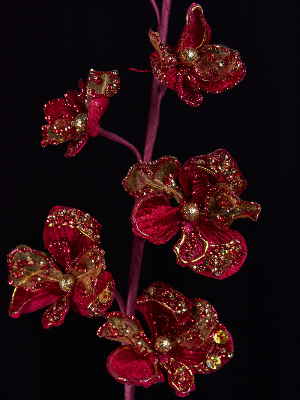 Веточка с оридеями 64см ChristmasDeLuxe бордовая с золотом