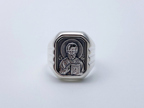 Кольцо из серебра/Частичное чернение/Николай Чудотворец