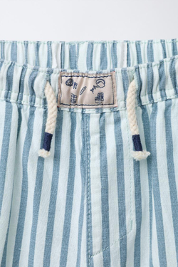 ZARA БРЮКИ В ПОЛОСКУ ИЗ ХЛОПКА И ЛЬНА, ГОЛУБОЙ