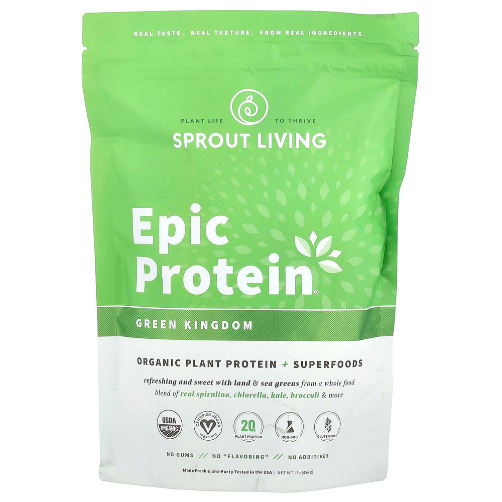 Sprout Living, Epic Protein®, органический растительный протеин и суперпродукты, Green Kingdom, 456 г (1 фунт)