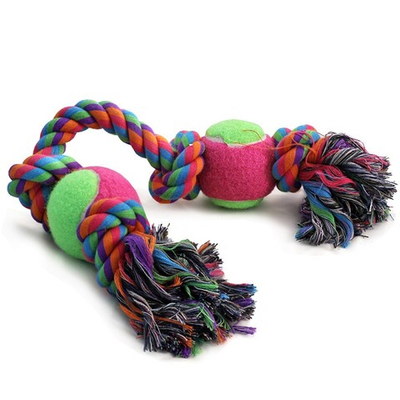 Игрушка "Веревка, 4 узла и 2 мяча" 40х6,5х6,5 см (хлопок/резина) - для собак (Triol)