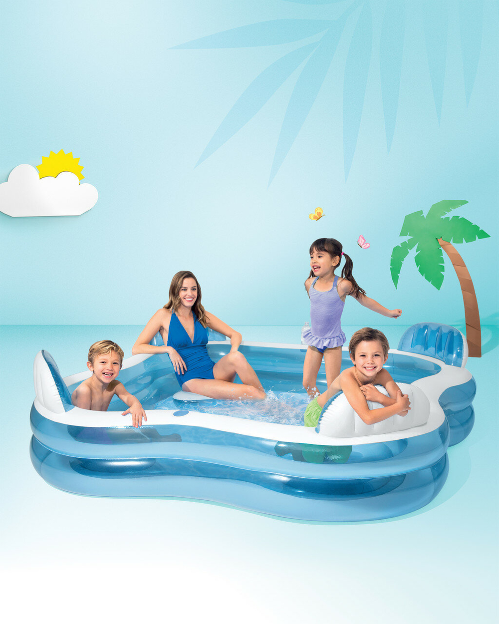 Бассейн надувной Intex 56475 Swim Center Family Lounge 229х229х66 см / Квадратный бассейн Интекс с сиденьями и спинками для дачи и отдыха