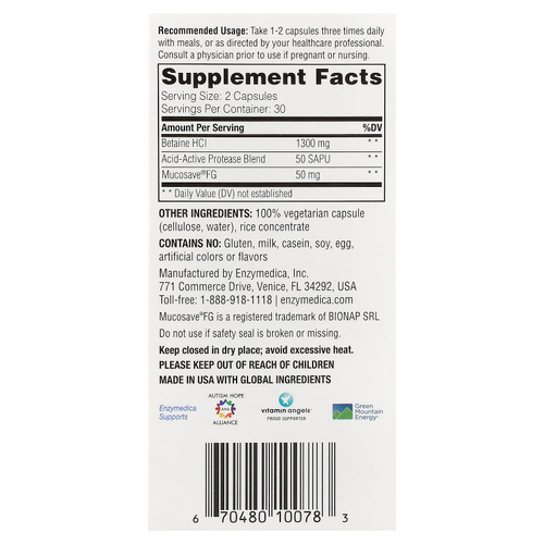 Enzymedica, быстродействующий бетаин гидрохлорид, 60 капсул