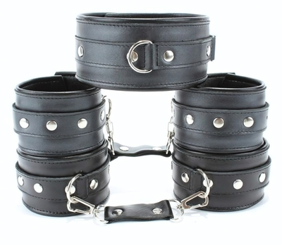 Набор БДСМ-аксессуаров из кожи: ошейник, наручники и оковы (Цвет: черный)
