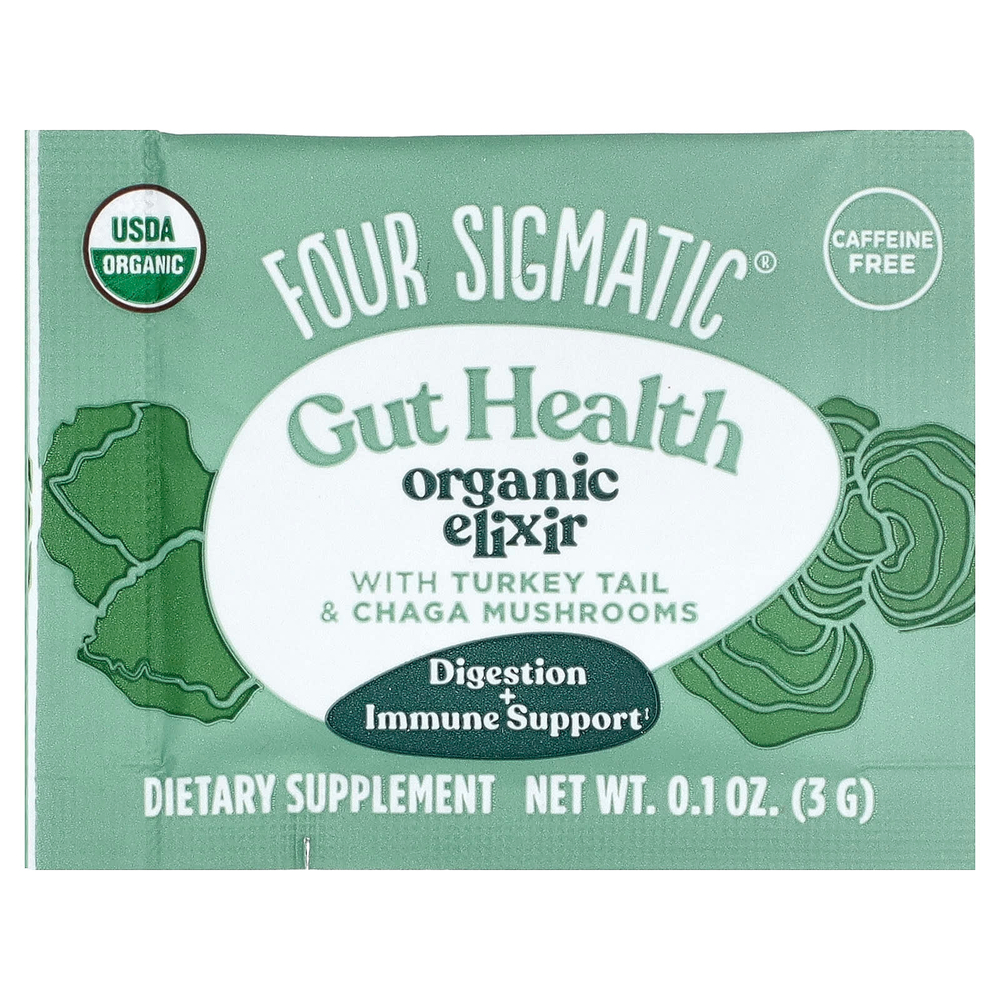 Four Sigmatic, органический эликсир для здоровья кишечника, с трутовиком разноцветным и грибом чага, без кофеина, 20 пакетиков по 3 г (0,1 унции)
