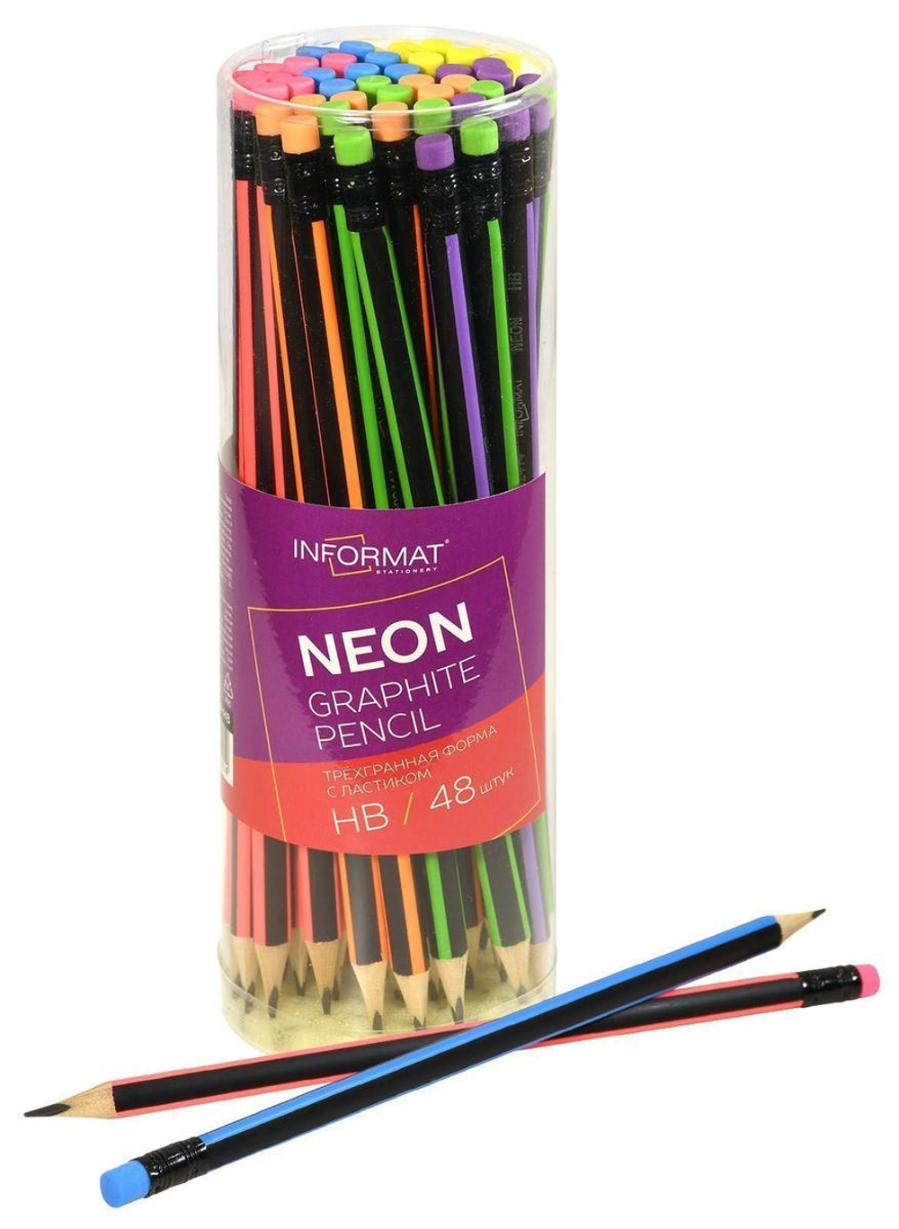 Карандаш ч/г НВ "Neon" дерево, заточ.трехгран. микс (Informat) (Комплект 48шт.)