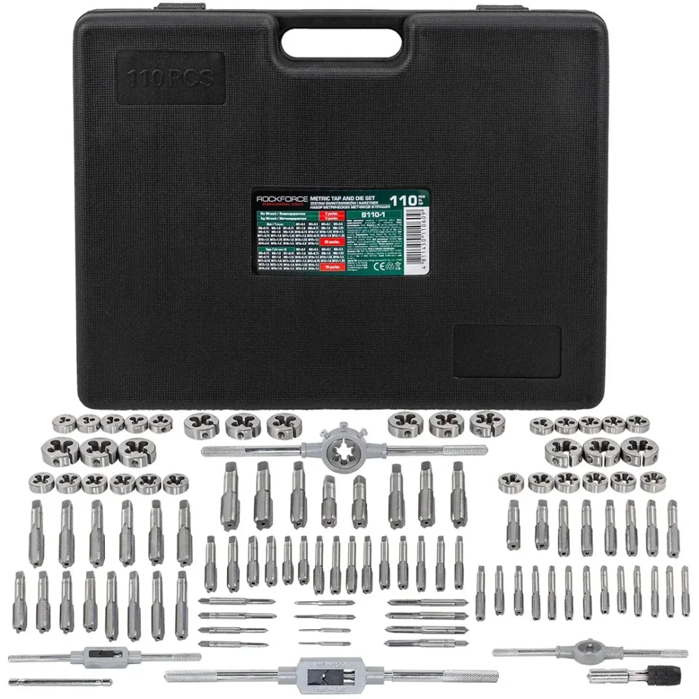 Набор метчик.и плашек110пр(2х0.4,3х0.5,4х0.7,5х0.8,6х0.75-1,8х0.75-1,25,9х0.75-1.25,10х0.75-1.5,11х0.75/1/1.25/1.5, 12х0.75-1.75,14х1-2,16х1-2,18х1.5) RockForce##Rock FORCE RF-B110-1