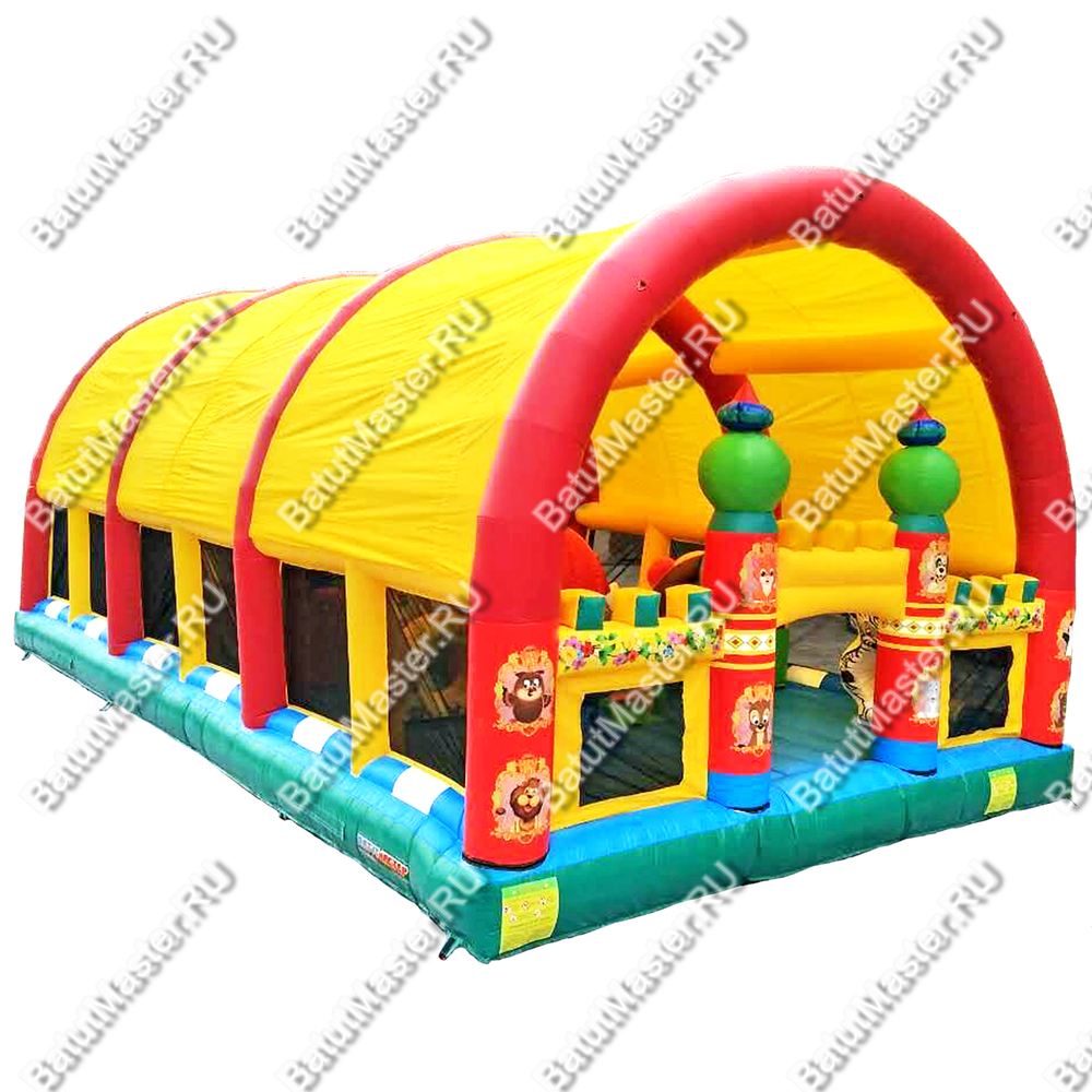 Коммерческий надувной батут "Веселый дом и звери в нём" с крышей 12*7*6 м