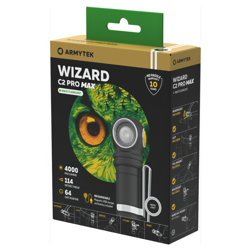 Налобный фонарь Armytek Wizard C2 Pro Max Magnet USB — режимы работы от 62 дней в минимальном до 3 часов 15 минут на 900 люмен