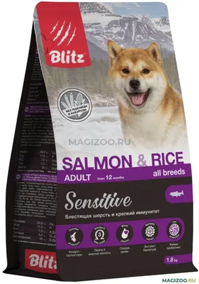Сухой корм для собак Blitz Adult SALMON & RICE Sensitive лосось и рис, 1,8 кг