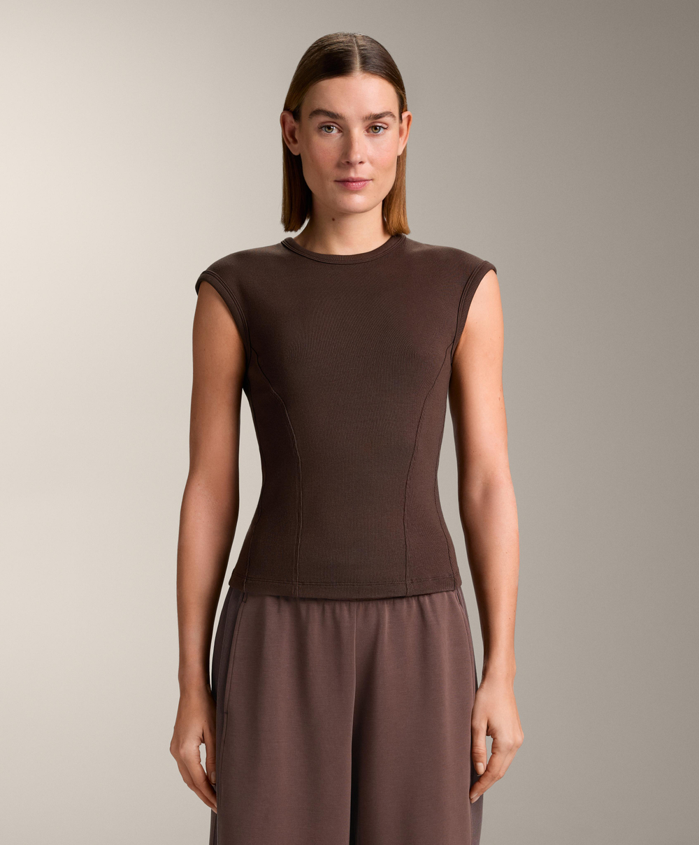 Oysho Футболка с короткими рукавами в рубчик из хлопка и модала, коричневый