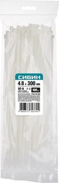 СИБИН ХС-Б, 4.8 x 300 мм, нейлон РА66, 100 шт, белые, хомуты-стяжки (3786-48-300)
