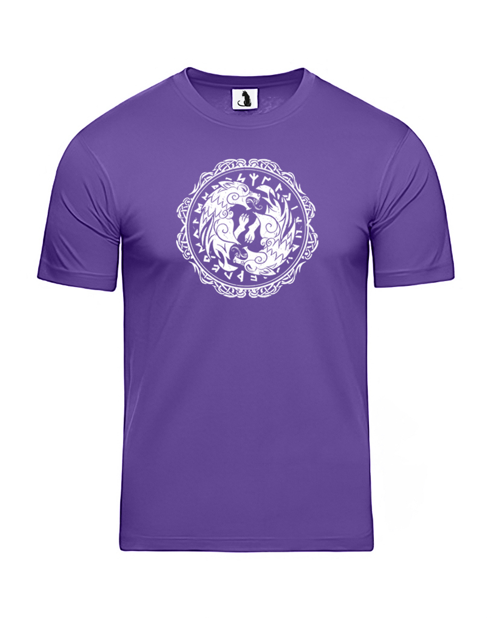 Скандинавская футболка с волком и рунами unisex фиолетовая с белым рисунком