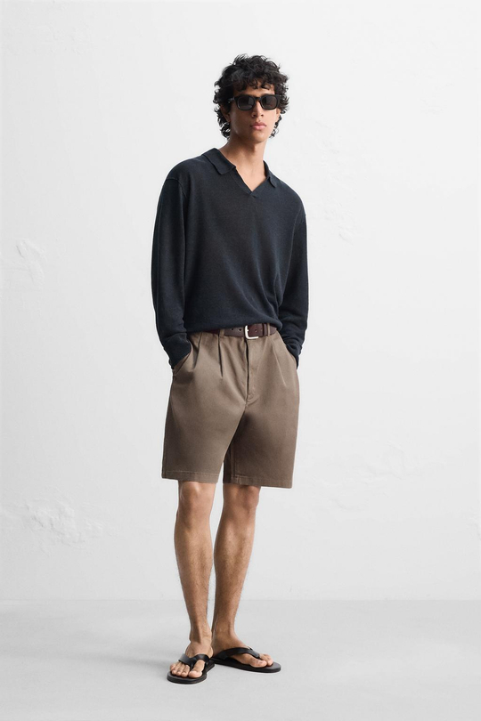 ZARA ШОРТЫ RELAXED FIT СО СКЛАДКАМИ, ЗЕМЛЯНОЙ