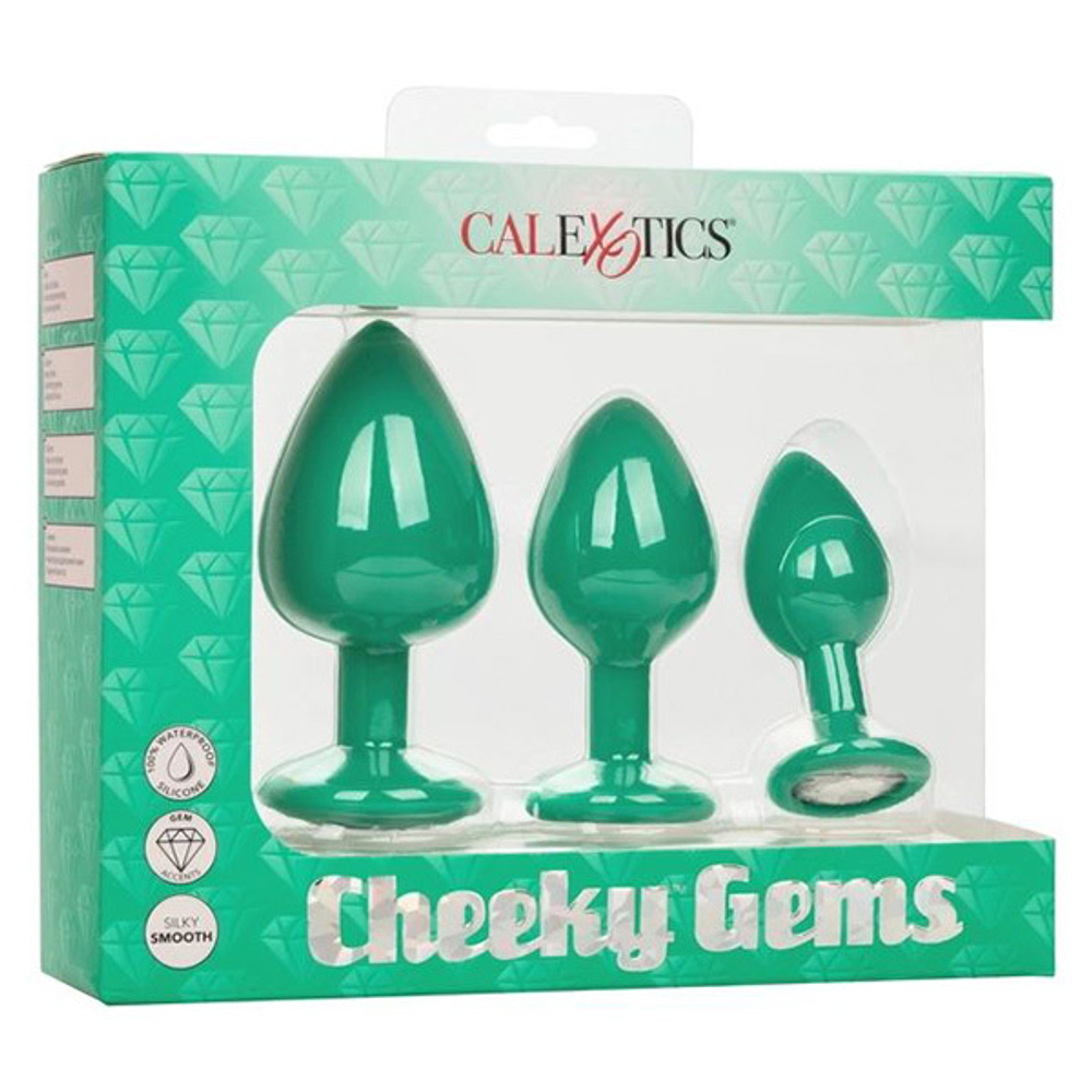 Набор из трёх зеленых анальных пробок с кристаллом 6,25, 7,5 и 9см California Exotic Novelties Cheeky Gems SE-0441-15-3