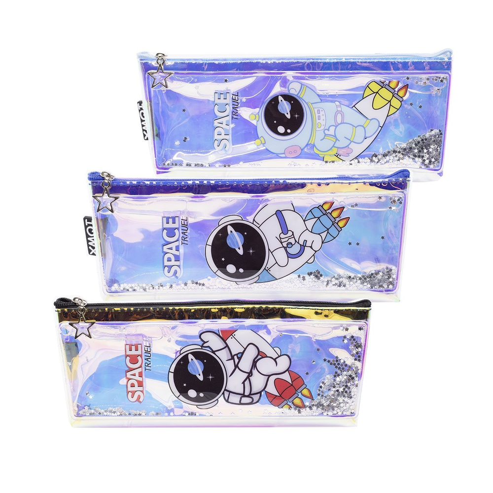Пенал - косметичка Alingar, ПВХ-голографика, молния, жидкость, звездочки, 80 х 210 мм, "Космонавт на ракете", голубой (космонавт на ракете)