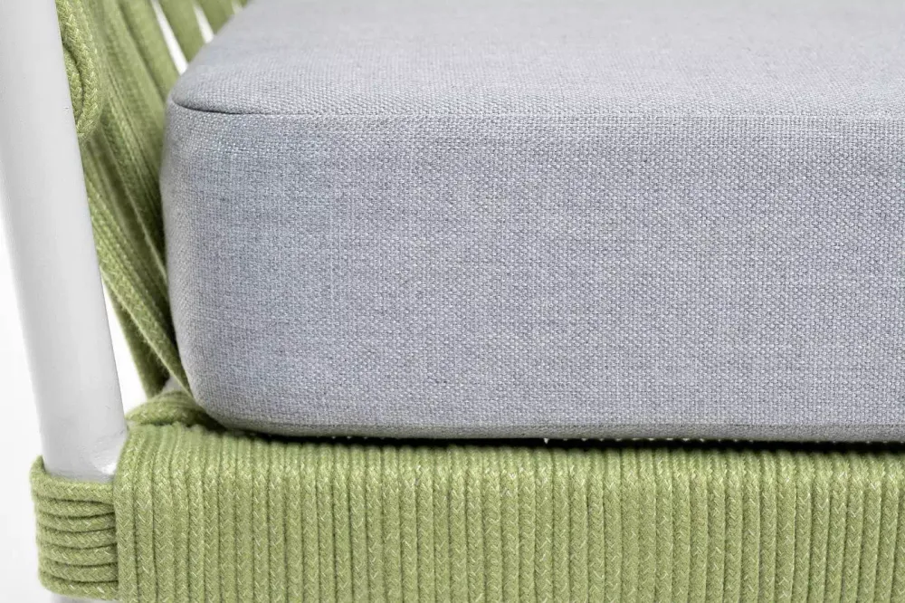 "Диего" кресло плетеное из роупа, каркас алюминий светло-серый (RAL7035) муар, роуп салатовый меланж круглый, ткань светло-серая