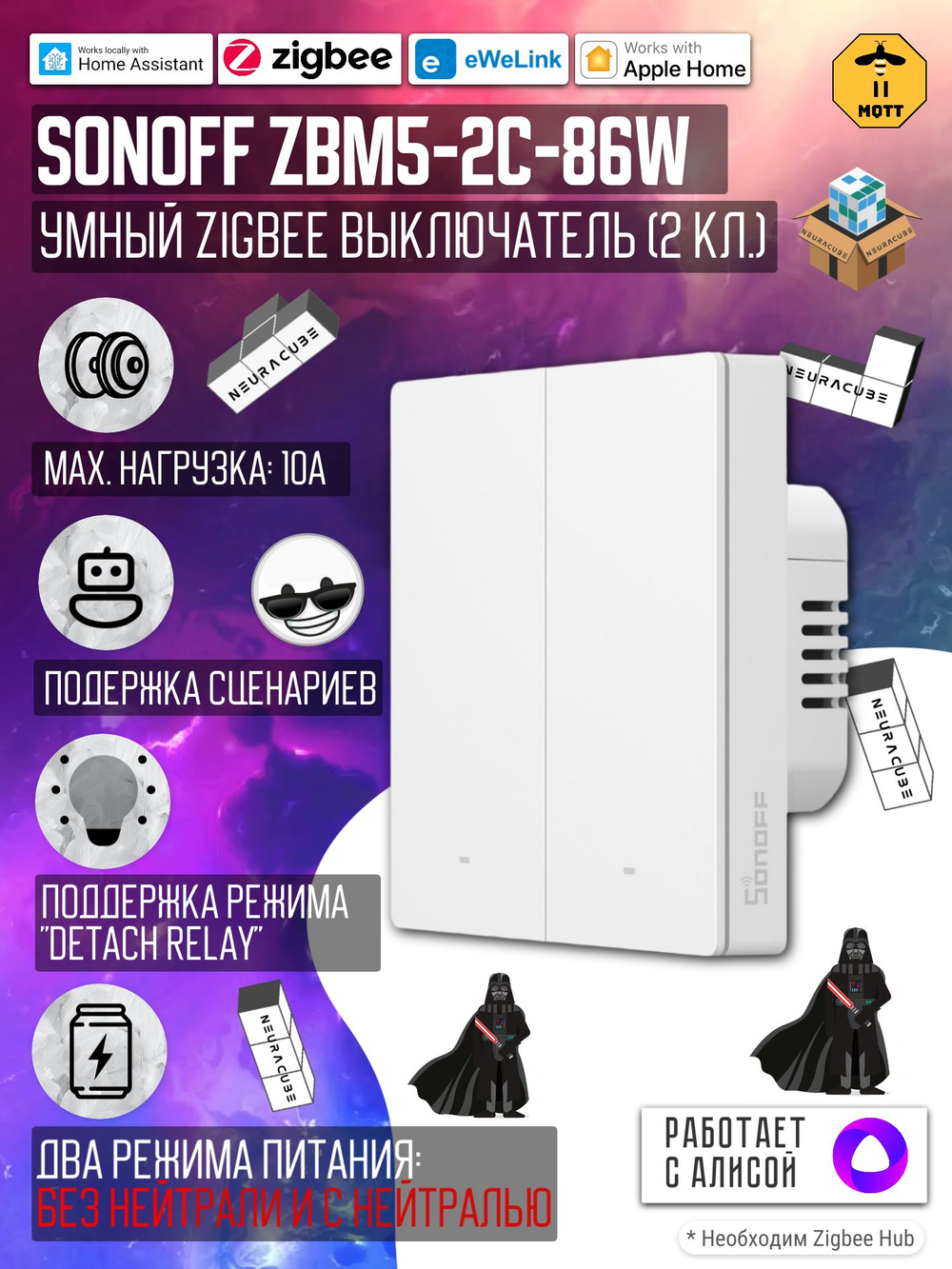 Умный Zigbee выключатель Sonoff ZBM5-1C-86W