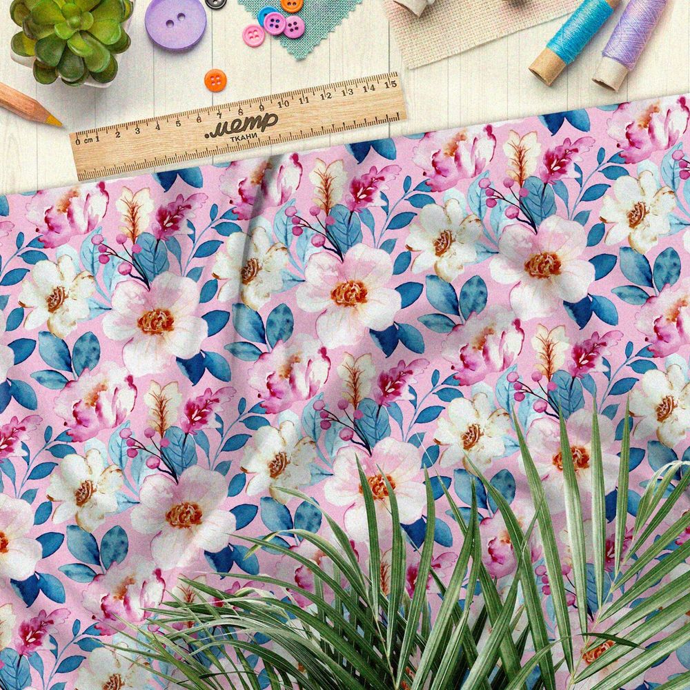 Ткань бифлекс крупные нежные цветы на розовом фоне