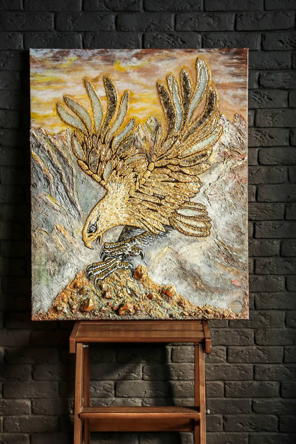 Зеркальная картина с горным хрусталем и раух топазом,на усиленном галлерейном холсте 80*100" Золотой Орел