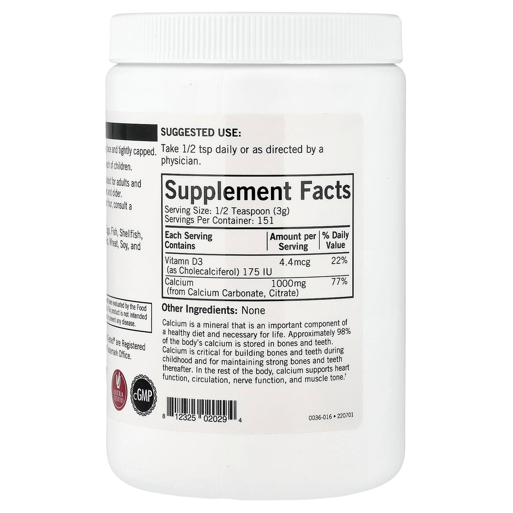 Kirkman Labs, кальций в порошке с витамином D3, без добавок, 454 г (16 унций)