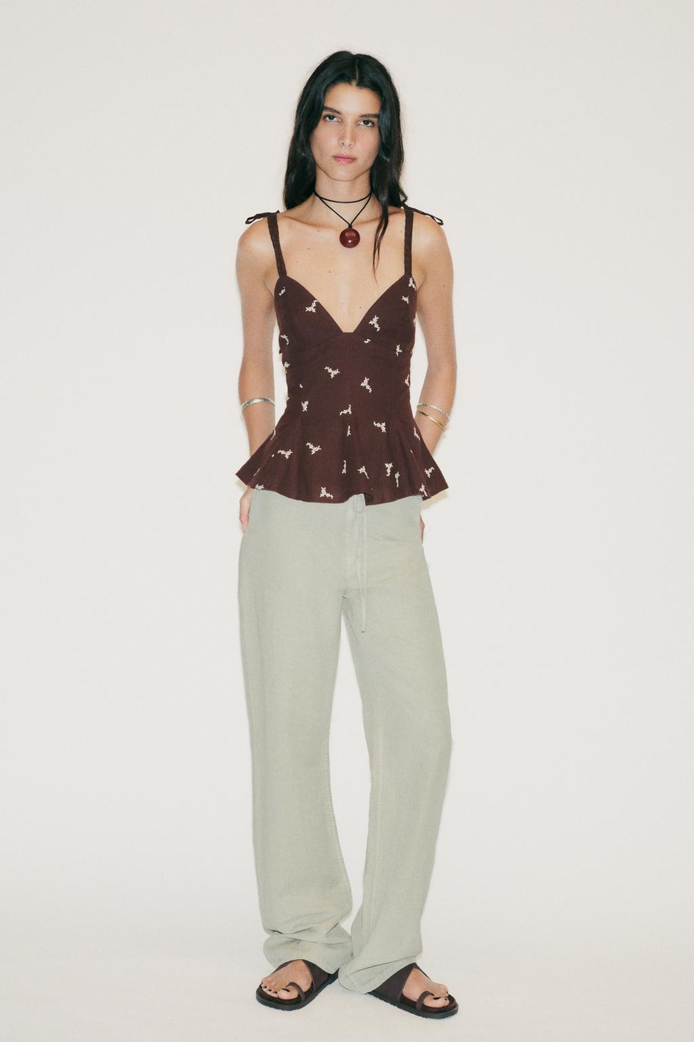 ZARA ТОП С ВЫШИВКОЙ И БАСКОЙ, КОРИЧНЕВЫЙ