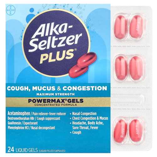Alka-Seltzer Plus, PowerMax®, гели, от кашля, мокроты и заложенности носа, 24 жидкие капсулы