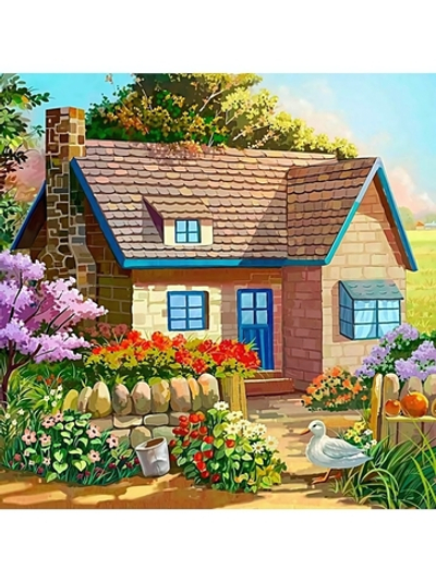 Алмазная мозаика 20*20см. блест. на картоне "Домик в деревне" с част. заполн. 20цв. (Арт. НД-0910)