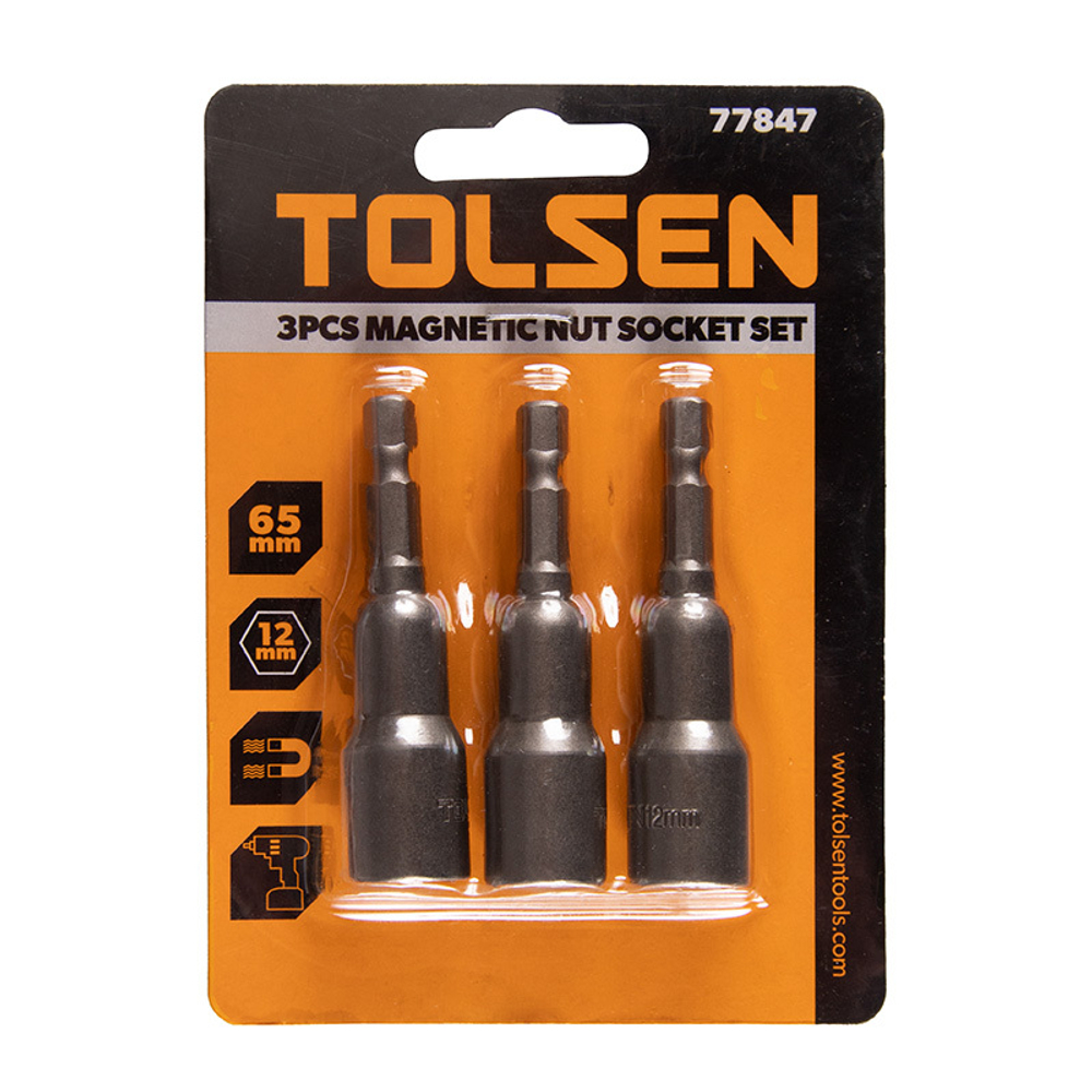 TOLSEN (TT77847) Набор головок для шуруповерта шестигранных 1/4", 12 мм, 65 мм, магнитных, 3 предмета