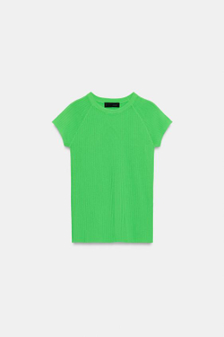 ZARA ТОП В РУБЧИК С КОРОТКИМ РУКАВОМ, ЗЕЛЕНЫЙ