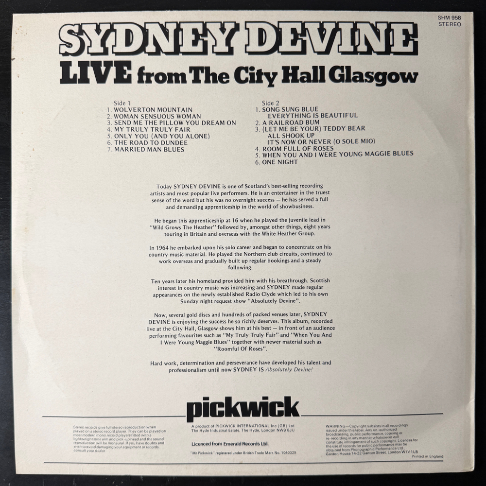 Sydney Devine – Live From The City Hall Glasgow (Англия 1975г.) Т
